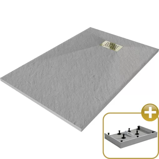 HD Marco+ Gray 80x100 SMC kompozit magasított szögletes kőhatású zuhanytálca, arany színű ráccsal, 15 cm magas, szifon nélkül