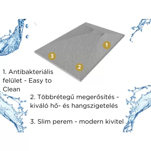 HD Marco Gray 80x100 SMC kompozit magasított szögletes kőhatású zuhanytálca, 15 cm magas, szifon nélkül