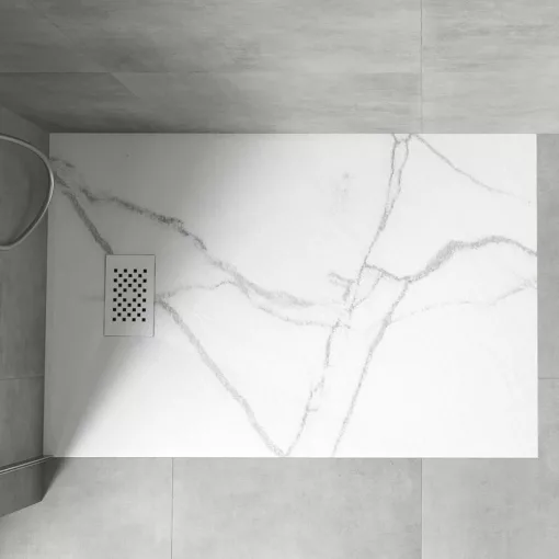 HD Marco+ White Marble 80x100 SMC kompozit magasított szögletes kőhatású zuhanytálca, fehér ráccsal, 15 cm magas, szifonnal
