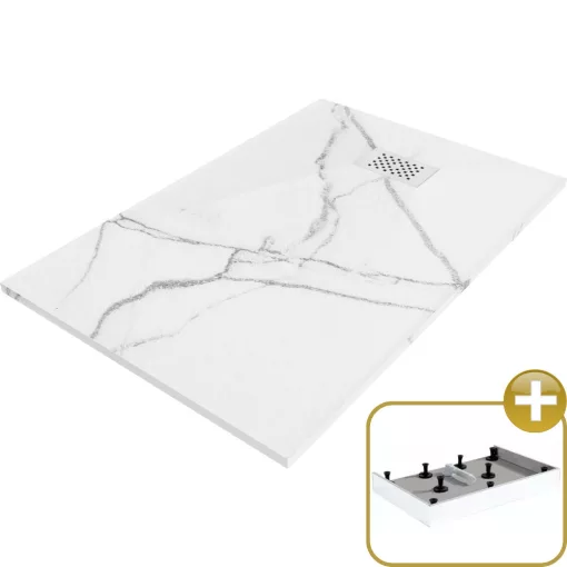 HD Marco+ White Marble 80x100 SMC kompozit magasított szögletes kőhatású zuhanytálca, fehér ráccsal, 15 cm magas, szifon nélkül
