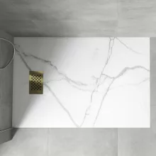 HD Marco+ White Marble 80x100 SMC kompozit magasított szögletes kőhatású zuhanytálca, arany színű ráccsal, 15 cm magas, szifon nélkül