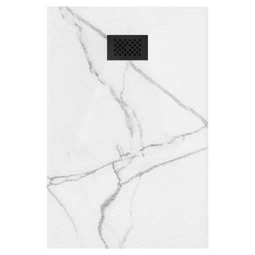 HD Marco+ White Marble 80x100 SMC kompozit magasított szögletes kőhatású zuhanytálca, fekete ráccsal, 15 cm magas, szifonnal