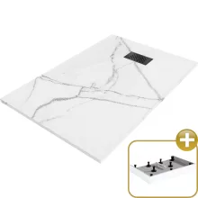 HD Marco+ White Marble 80x100 SMC kompozit magasított szögletes kőhatású zuhanytálca, fekete ráccsal, 15 cm magas, szifon nélkül