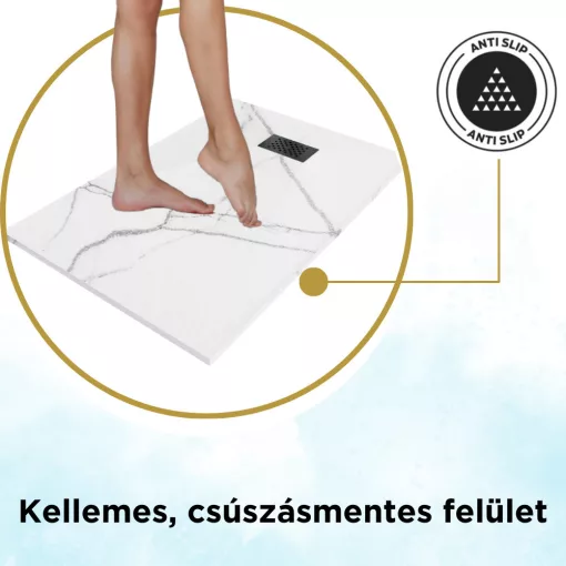 HD Marco+ White Marble 80x100 SMC kompozit magasított szögletes kőhatású zuhanytálca, fekete ráccsal, 15 cm magas, szifon nélkül