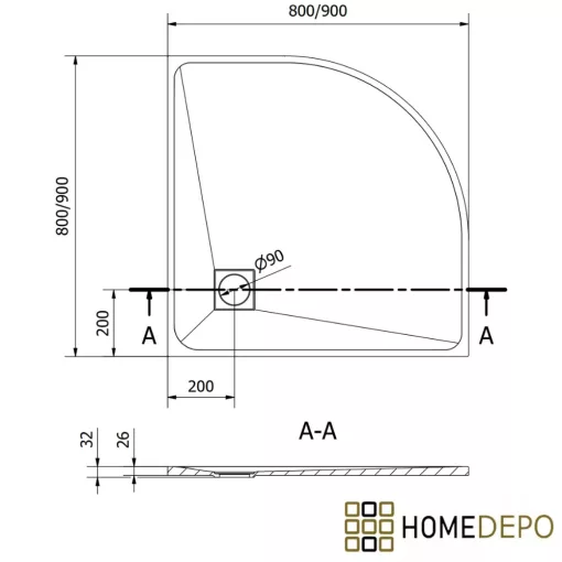 HD Marco Black 80x80 SMC kompozit slim íves kőhatású zuhanytálca, 2,6 cm magas, szifonnal