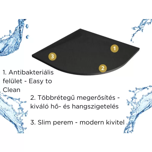 HD Marco Black 80x80/90x90 SMC kompozit slim íves kőhatású zuhanytálca, 2,6 cm magas, szifon nélkül