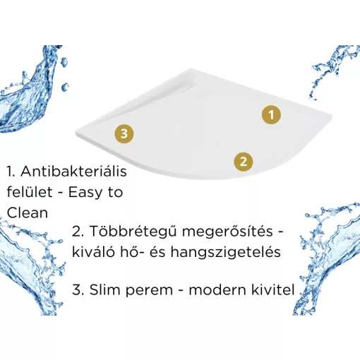 HD Marco White 80x80/90x90 SMC kompozit slim íves kőhatású zuhanytálca, 2,6 cm magas, szifon nélkül