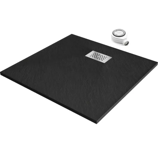 HD Marco+ Black 80x80 SMC kompozit slim szögletes kőhatású zuhanytálca, krómozott ráccsal, 2,6 cm magas, szifonnal