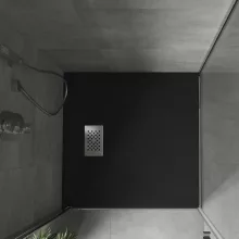 HD Marco+ Black 80x80 SMC kompozit slim szögletes kőhatású zuhanytálca, krómozott ráccsal, 2,6 cm magas, szifonnal