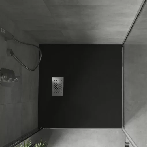 HD Marco+ Black 80x80 SMC kompozit slim szögletes kőhatású zuhanytálca, krómozott ráccsal, 2,6 cm magas, szifonnal