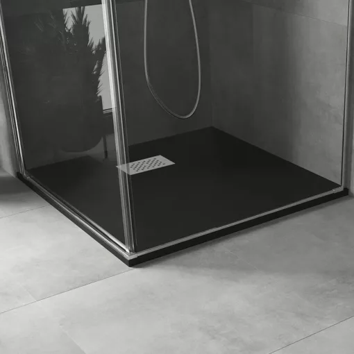 HD Marco+ Black 80x80/90x90 SMC kompozit slim szögletes kőhatású zuhanytálca, fehér ráccsal, 2,6 cm magas, szifon nélkül