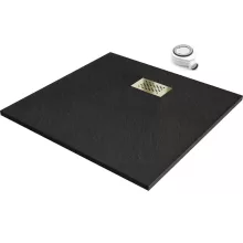 HD Marco+ Black 80x80 SMC kompozit slim szögletes kőhatású zuhanytálca, arany színű ráccsal, 2,6 cm magas, szifonnal