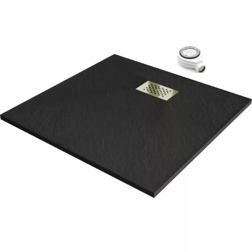 HD Marco+ Black 80x80 SMC kompozit slim szögletes kőhatású zuhanytálca, arany színű ráccsal, 2,6 cm magas, szifonnal