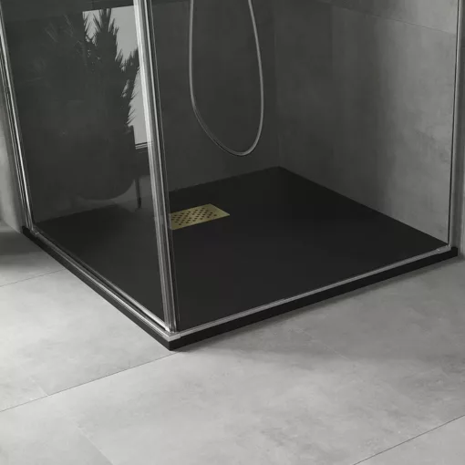 HD Marco+ Black 80x80 SMC kompozit slim szögletes kőhatású zuhanytálca, arany színű ráccsal, 2,6 cm magas, szifonnal