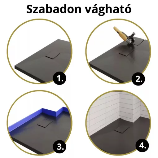 HD Marco+ Black 80x80 SMC kompozit slim szögletes kőhatású zuhanytálca, fekete ráccsal, 2,6 cm magas, szifonnal