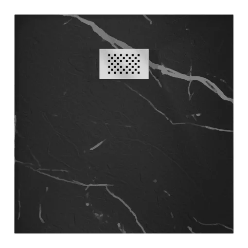 HD Marco+ Black Marble 80x80 SMC kompozit slim szögletes kőhatású zuhanytálca, krómozott ráccsal, 2,6 cm magas, szifonnal