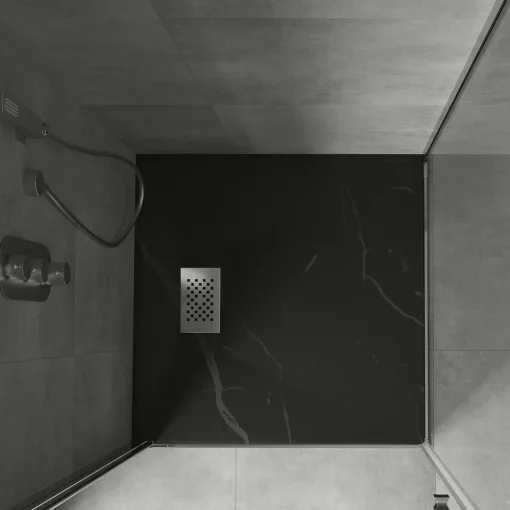 HD Marco+ Black Marble 80x80 SMC kompozit slim szögletes kőhatású zuhanytálca, krómozott ráccsal, 2,6 cm magas, szifonnal