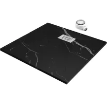 HD Marco+ Black Marble 80x80 SMC kompozit slim szögletes kőhatású zuhanytálca, fehér ráccsal, 2,6 cm magas, szifonnal