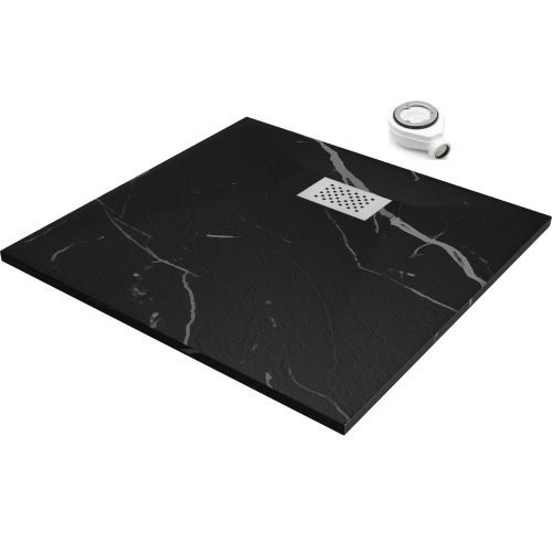 HD Marco+ Black Marble 90x90 SMC kompozit slim szögletes kőhatású zuhanytálca, fehér ráccsal, 2,6 cm magas, szifonnal