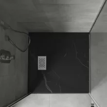 HD Marco+ Black Marble 80x80 SMC kompozit slim szögletes kőhatású zuhanytálca, fehér ráccsal, 2,6 cm magas, szifonnal