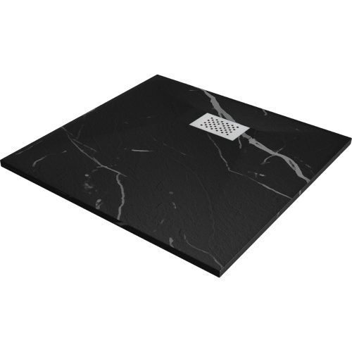HD Marco+ Black Marble 90x90 SMC kompozit slim szögletes kőhatású zuhanytálca, fehér ráccsal, 2,6 cm magas, szifon nélkül
