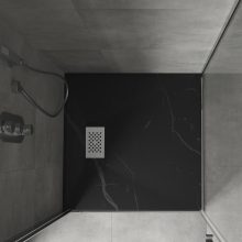 HD Marco+ Black Marble 80x80/90x90 SMC kompozit slim szögletes kőhatású zuhanytálca, fehér ráccsal, 2,6 cm magas, szifon nélkül