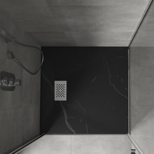 HD Marco+ Black Marble 80x80/90x90 SMC kompozit slim szögletes kőhatású zuhanytálca, fehér ráccsal, 2,6 cm magas, szifon nélkül