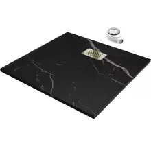 HD Marco+ Black Marble 80x80 SMC kompozit slim szögletes kőhatású zuhanytálca, arany színű ráccsal, 2,6 cm magas, szifonnal