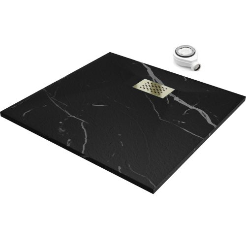 HD Marco+ Black Marble 90x90 SMC kompozit slim szögletes kőhatású zuhanytálca, arany színű ráccsal, 2,6 cm magas, szifonnal