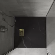 HD Marco+ Black Marble 80x80 SMC kompozit slim szögletes kőhatású zuhanytálca, arany színű ráccsal, 2,6 cm magas, szifonnal