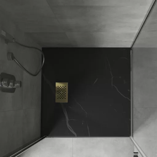 HD Marco+ Black Marble 80x80 SMC kompozit slim szögletes kőhatású zuhanytálca, arany színű ráccsal, 2,6 cm magas, szifonnal