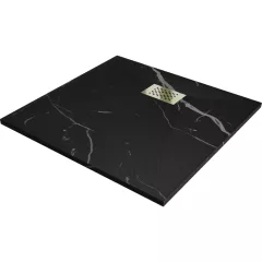   HD Marco+ Black Marble 80x80/90x90 SMC kompozit slim szögletes kőhatású zuhanytálca, arany színű ráccsal, 2,6 cm magas, szifon nélkül