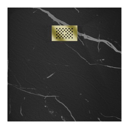HD Marco+ Black Marble 80x80/90x90 SMC kompozit slim szögletes kőhatású zuhanytálca, arany színű ráccsal, 2,6 cm magas, szifon nélkül