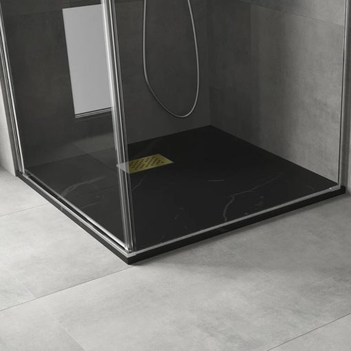 HD Marco+ Black Marble 80x80/90x90 SMC kompozit slim szögletes kőhatású zuhanytálca, arany színű ráccsal, 2,6 cm magas, szifon nélkül