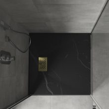 HD Marco+ Black Marble 80x80/90x90 SMC kompozit slim szögletes kőhatású zuhanytálca, arany színű ráccsal, 2,6 cm magas, szifon nélkül