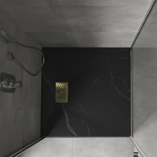 HD Marco+ Black Marble 80x80/90x90 SMC kompozit slim szögletes kőhatású zuhanytálca, arany színű ráccsal, 2,6 cm magas, szifon nélkül