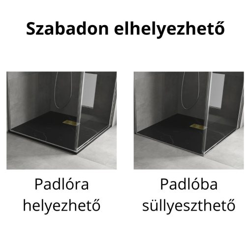 HD Marco+ Black Marble 80x80/90x90 SMC kompozit slim szögletes kőhatású zuhanytálca, arany színű ráccsal, 2,6 cm magas, szifon nélkül