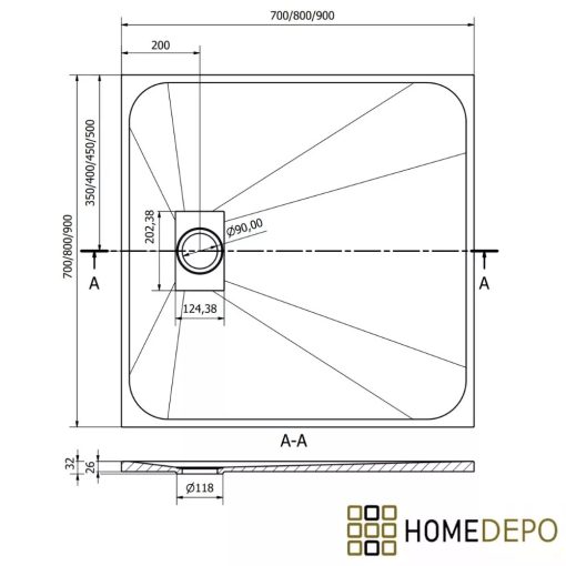 HD Marco+ Black Marble 80x80/90x90 SMC kompozit slim szögletes kőhatású zuhanytálca, arany színű ráccsal, 2,6 cm magas, szifon nélkül
