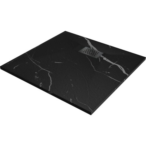 HD Marco+ Black Marble 90x90 SMC kompozit slim szögletes kőhatású zuhanytálca, fekete ráccsal, 2,6 cm magas, szifon nélkül