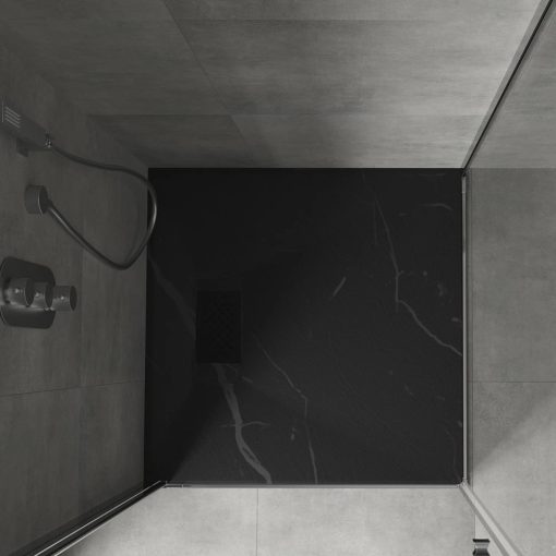 HD Marco+ Black Marble 80x80/90x90 SMC kompozit slim szögletes kőhatású zuhanytálca, fekete ráccsal, 2,6 cm magas, szifon nélkül