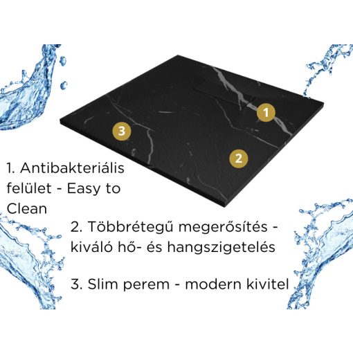 HD Marco Black Marble 80x80/90x90 SMC kompozit slim szögletes kőhatású zuhanytálca, 2,6 cm magas, szifon nélkül