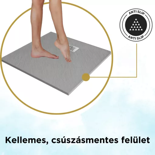 HD Marco+ Gray 80x80/90x90 SMC kompozit slim szögletes kőhatású zuhanytálca, krómozott ráccsal, 2,6 cm magas, szifon nélkül