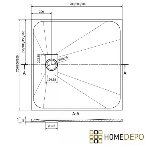 HD Marco+ Gray 80x80/90x90 SMC kompozit slim szögletes kőhatású zuhanytálca, krómozott ráccsal, 2,6 cm magas, szifon nélkül