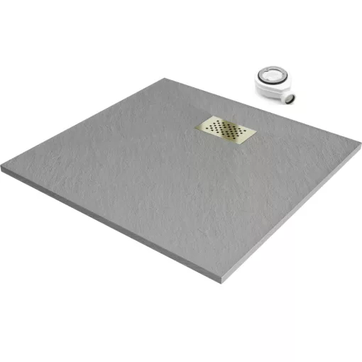 HD Marco+ Gray 80x80 SMC kompozit slim szögletes kőhatású zuhanytálca, arany színű ráccsal, 2,6 cm magas, szifonnal