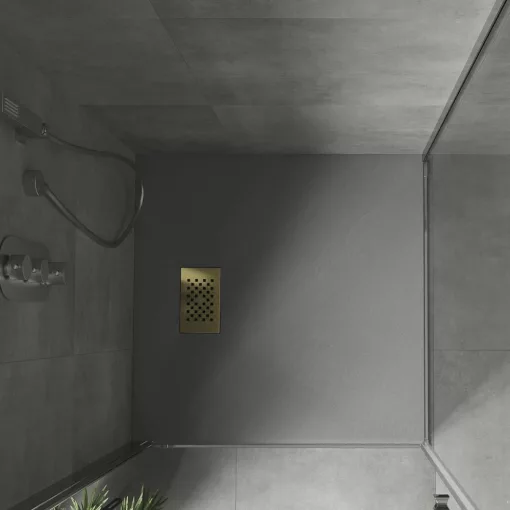 HD Marco+ Gray 80x80 SMC kompozit slim szögletes kőhatású zuhanytálca, arany színű ráccsal, 2,6 cm magas, szifonnal