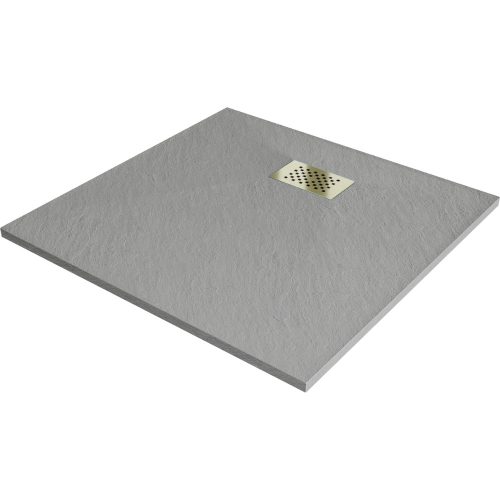 HD Marco+ Gray 90x90 SMC kompozit slim szögletes kőhatású zuhanytálca, arany színű ráccsal, 2,6 cm magas, szifon nélkül