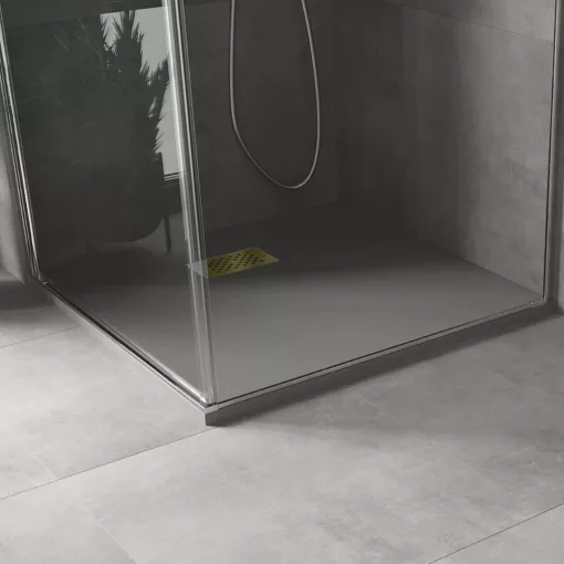 HD Marco+ Gray 80x80/90x90 SMC kompozit slim szögletes kőhatású zuhanytálca, arany színű ráccsal, 2,6 cm magas, szifon nélkül