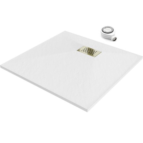 HD Marco+ White 90x90 SMC kompozit slim szögletes kőhatású zuhanytálca, arany színű ráccsal, 2,6 cm magas, szifonnal