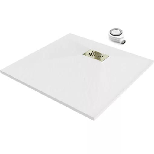 HD Marco+ White 70x70 SMC kompozit slim szögletes kőhatású zuhanytálca, arany színű ráccsal, 2,6 cm magas, szifonnal