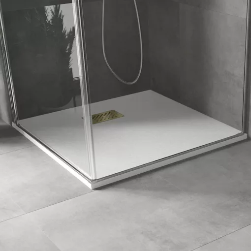 HD Marco+ White 70x70 SMC kompozit slim szögletes kőhatású zuhanytálca, arany színű ráccsal, 2,6 cm magas, szifonnal